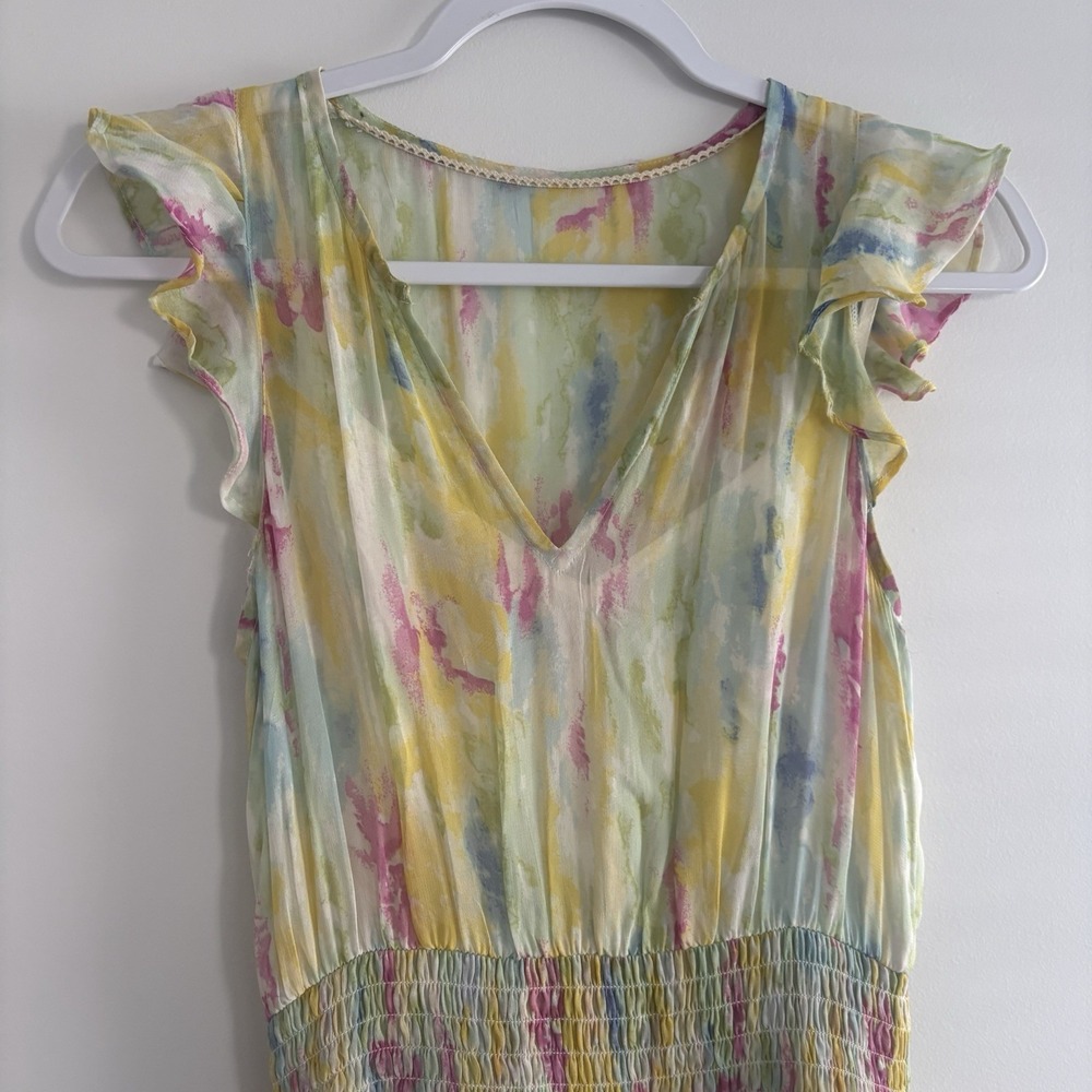 Anthropologie Dress Women 0 Watercolor Smocked Waist Flounce Hem Split Neck Maxi - Picture 6 of 8